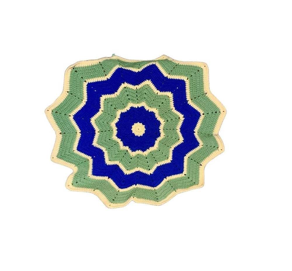 Handmade 12-Point Star Crochet Baby Blanket Afghan in Blue, Green, and Yellow